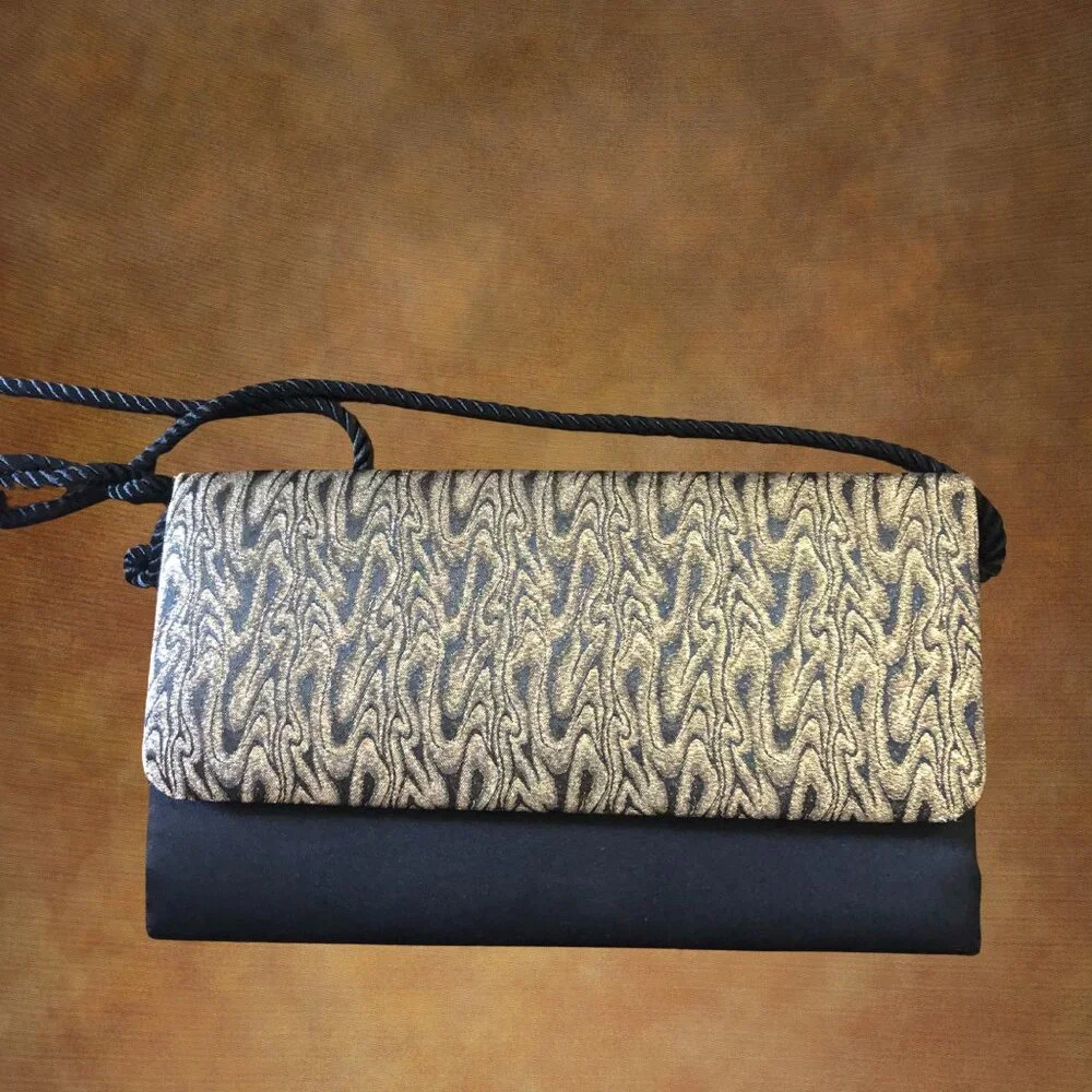 Whiting & Davis Black Gold Brocade Evening Clutch Shoulder Bag Vintage